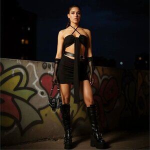 Self‑Tie Crop Cami & Skirt Set by Kiki Riki – Adjustable Belt Black NWT M